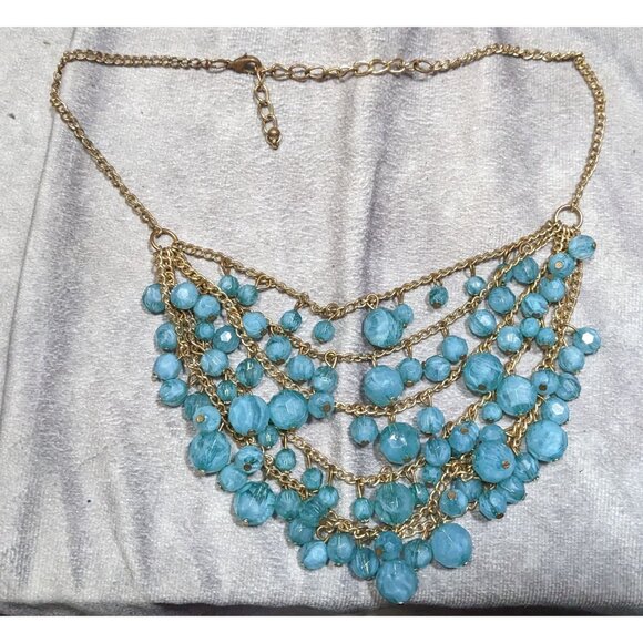 Cascading Aqua Blue Beaded Necklace On Gold-Tone Chain - Picture 5 of 5